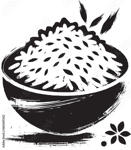 Minimalist Sumi-e Depiction: A Bowl of Sri Lankan Rice and Curry