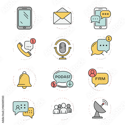 Modern communication icons for business and technology, including podcasting, mobile messaging, and email, perfect for digital marketing and online content creation
