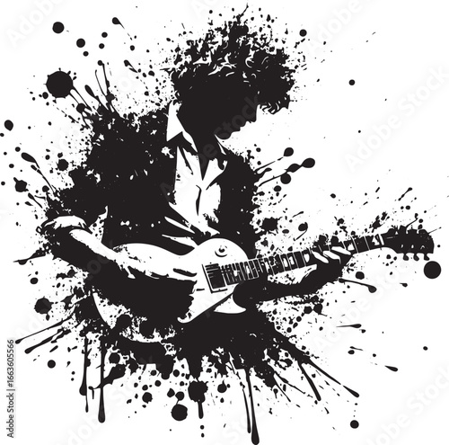 Silhouette of a guitarist playing electric guitar with abstract ink splash effect design