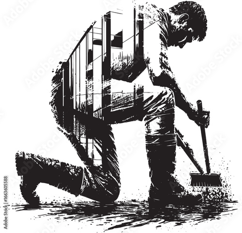 Artistic silhouette of a worker sweeping with city building overlay, concept cleaning