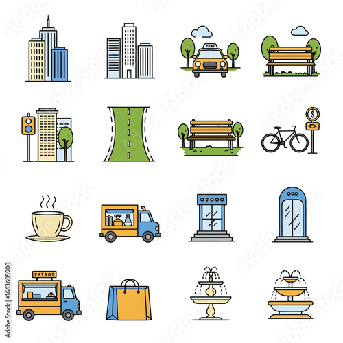City life icons illustrating urban elements like buildings, a taxi, park benches, a bike, coffee, food trucks, shopping, and fountains perfect for design projects
