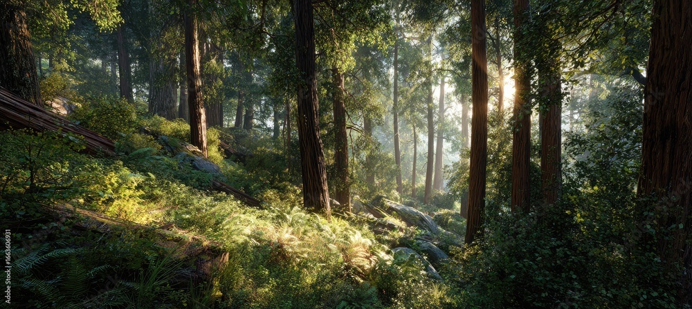 Obraz premium Sunlit forest path through tall trees, dappled sunlight on mossy ground