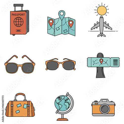 Travel essentials illustration showcasing passport, map, airplane, sunglasses, tickets, bag, globe, and camera for vacation planning, wanderlust, and holiday adventures