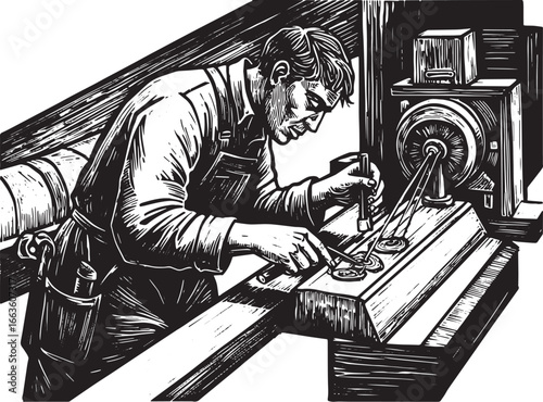 Intricate woodcut illustration displaying a craftsman meticulous