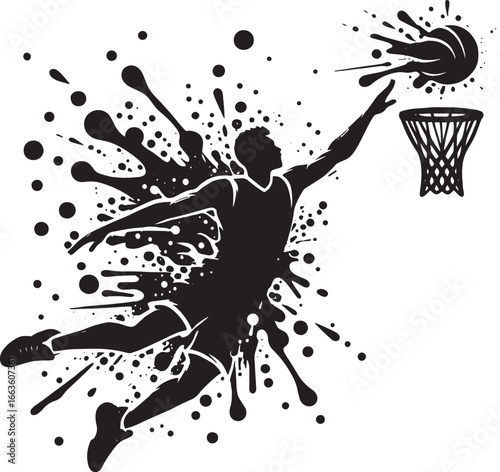 Silhouette of a Basketball Player Dunking with Splash Effect and Net in a Vector Design