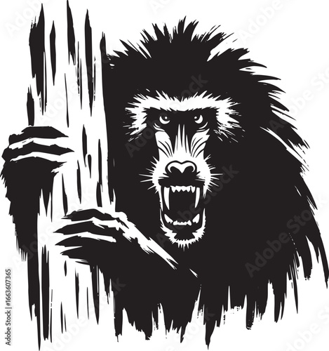 Intense Black and White Vector Illustration of a Baboon Holding onto a Wooden Structure