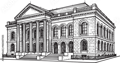 Intricate black and white woodcut illustration of a grand archit