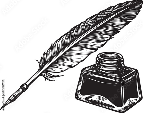 Classic writing tools with antique quill and inkwell, isolated b