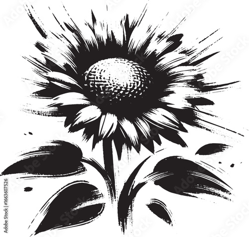Elegant sumi-e sunflower portrait showcases minimalist brushstro