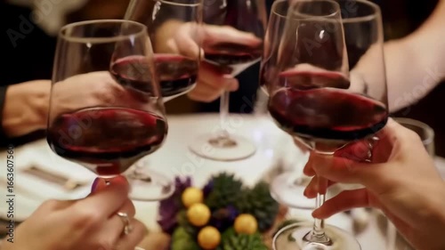 Festive Toast: Friends Clink Wine Glasses, Celebrating with Red Wine at a Dinner Gathering