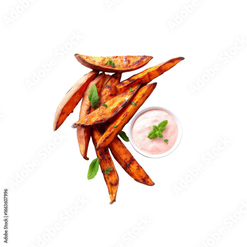 Roasted Sweet Potato Wedges with Creamy Dip and Fresh Mint