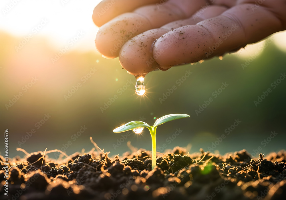 Fototapeta premium Hand Watering Young Seedling in Soil – Growth, Nature and Environmental Care