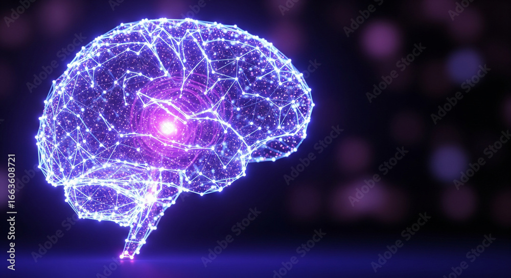 Fototapeta premium 3D render of an abstract human brain composed of light nodes and glowing synapses, representing a neural network.