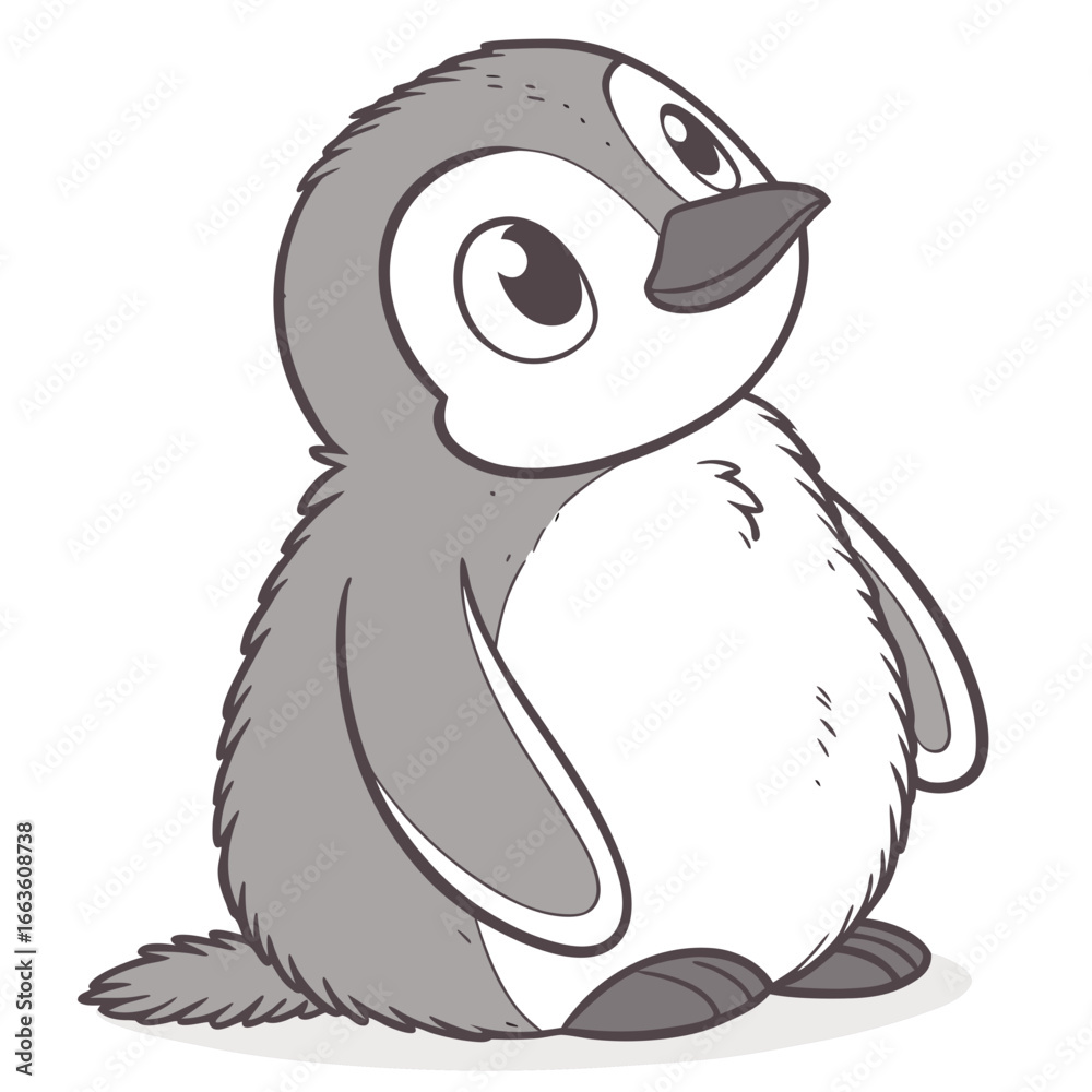 Fototapeta premium Adorable cartoon penguin chick with big eyes looking up curiously against a white background