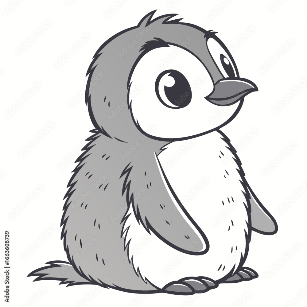 Obraz premium Adorable cartoon penguin chick with fluffy grey feathers and big curious eyes looking to the side