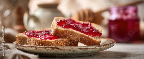 The delicious toast topped with berry jam on a rustic plate.