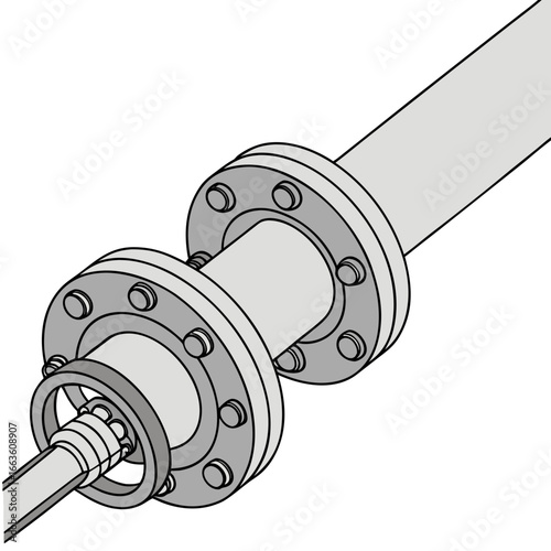 Close up isometric view of a mechanical pipe connection with flanges and bolts on a white background