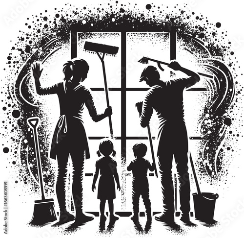 Family Cleaning House Together With Cleaning Supplies, Silhouette Illustration, Black and White