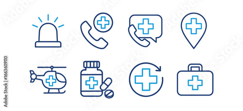 Collection of medical emergency and healthcare service icons including siren helicopter first aid kit and phone