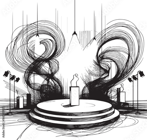 Abstract art gallery illustration with sculptures on a stage, artistic concept black and white