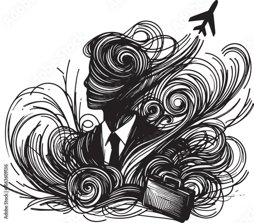 Conceptual illustration depicting a person with travel aspirations and an airplane flying away