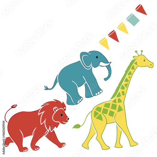 Cute cartoon safari animals including a red lion a blue elephant and a yellow giraffe with green patterns walking together with colorful bunting flags above