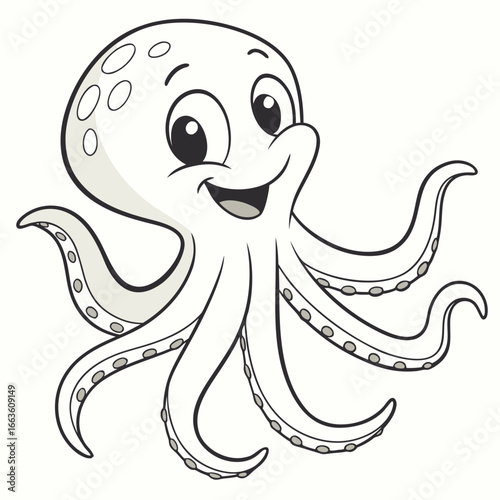 Cute cartoon octopus with a happy expression and eight waving tentacles isolated on white background