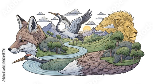 Tranquil illustration featuring majestic lion, fox, cranes, and bear nestled within a serene