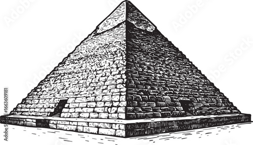 Monochrome Illustration of Ancient Pyramid Structure with Detail