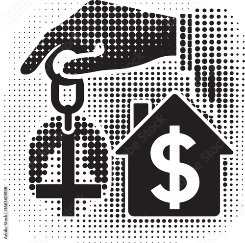 Hand holding keys symbolizing home ownership and mortgage with a house and dollar sign