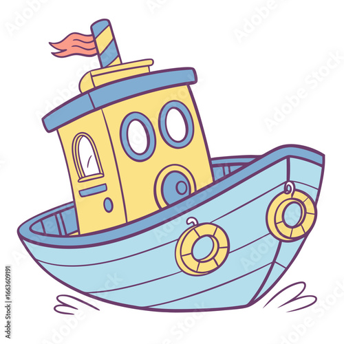 Cute cartoon tugboat with yellow cabin and blue hull sailing on water with life preservers