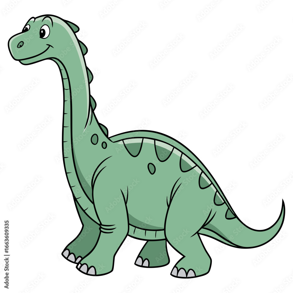 Naklejka premium Friendly cartoon green dinosaur with a long neck and tail standing and smiling happily