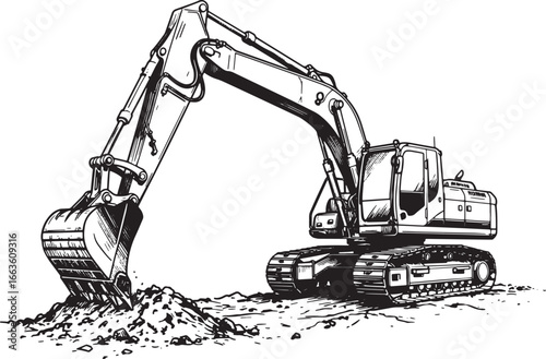 Detailed Excavator Illustration: Striking Woodcut Style on Isola