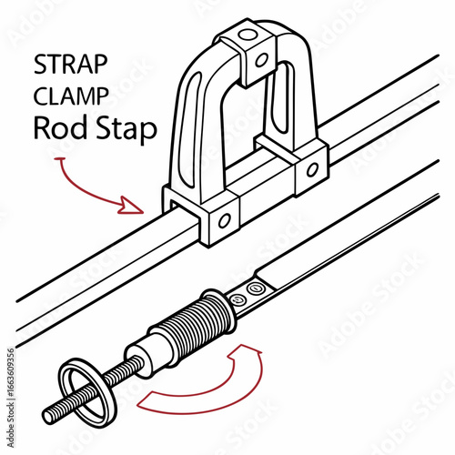 Illustration of a strap clamp with a threaded rod and turning knob for tightening and securing objects