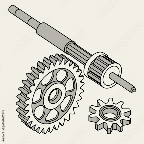 Detailed isometric illustration of a splined shaft and two gears representing mechanical engineering components
