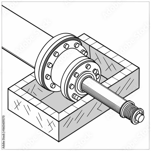 Detailed isometric line drawing of a flanged shaft assembly with splines and threaded end protruding from a square support structure