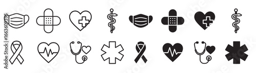 Collection of medical and healthcare icons featuring shields bandages and heartbeat lines