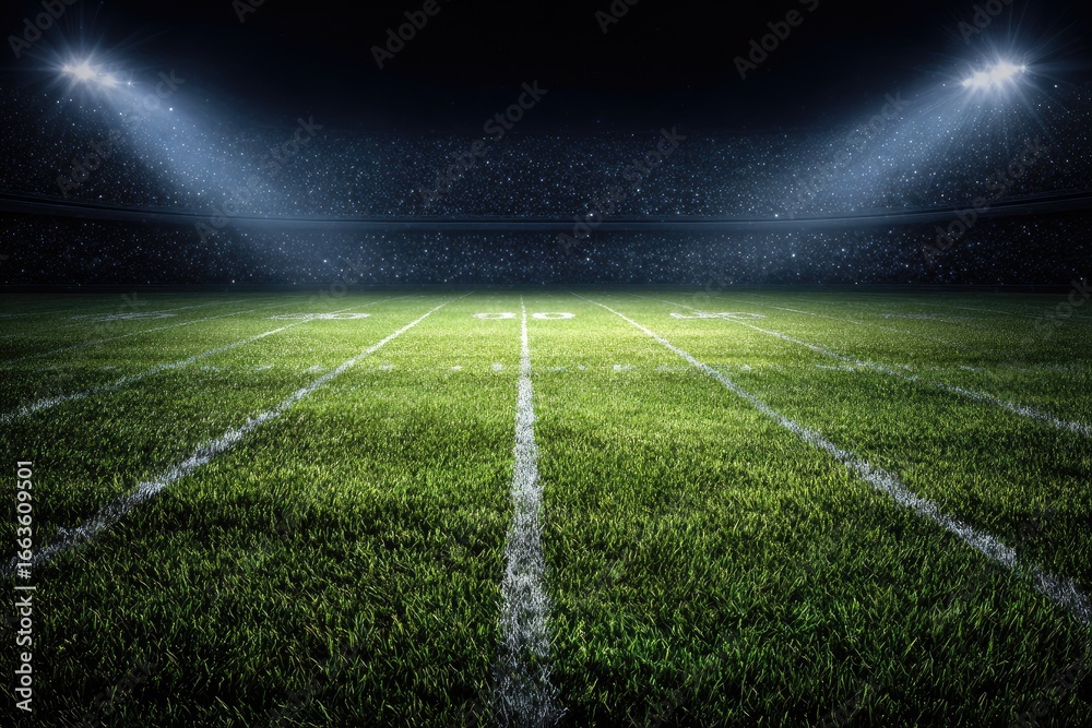 Obraz premium Empty football stadium at night, illuminated by spotlights (1)