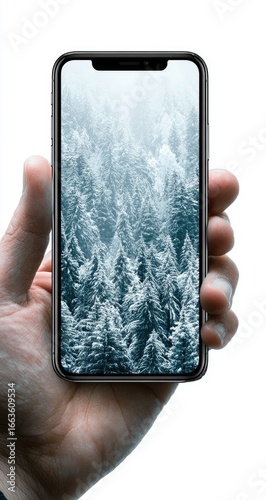 Smartphone displaying a wintry forest scene. A hand holds a modern phone, the screen showing a landscape of snow-covered trees