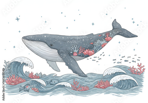Artistic portrayal of a majestic whale swimming amidst vibrant coral reefs and ocean waves, serene