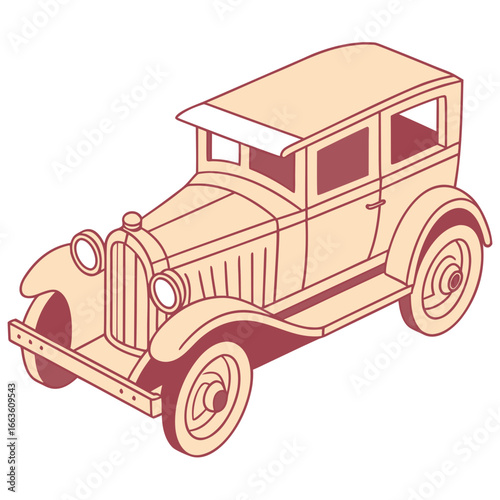 Stylized isometric illustration of a vintage 1920s sedan automobile with a sun visor and classic design elements