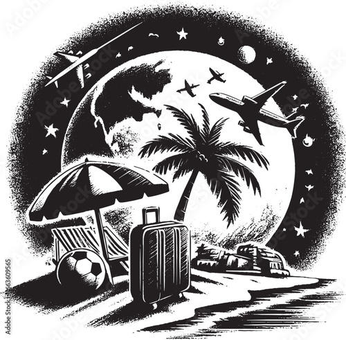 Black and white illustration of a tropical beach scene with airplanes and travel elements