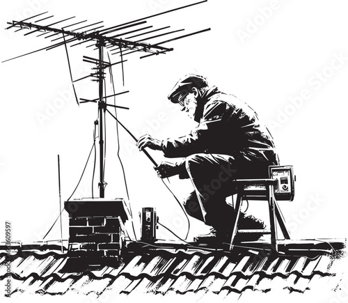 Timeless craftsman on rooftop repairs aging radio antenna with c