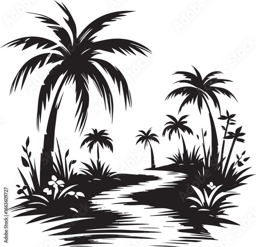 Minimalist Sumi-e Style Illustration of Tropical Forest Path wit