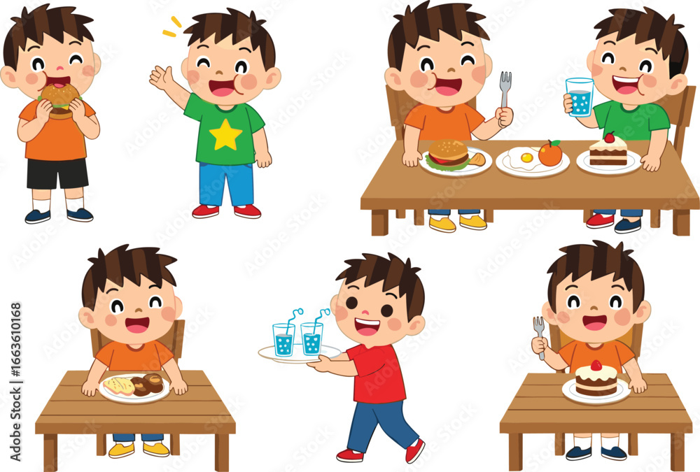 Cartoon boy eating various foods and drinking water at table, happy kid meals, healthy and unhealthy food choice vector set. Cartoon boy eating various foods and drinking water at table, happy kid meals, healthy and unhealthy food choice vector set.