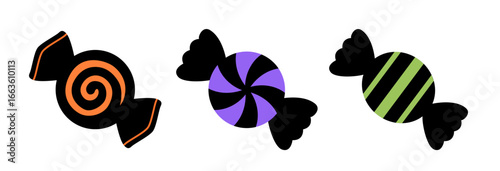 Set of Halloween candy flat stock vector illustration.
Kids candy Halloween stock vector art.