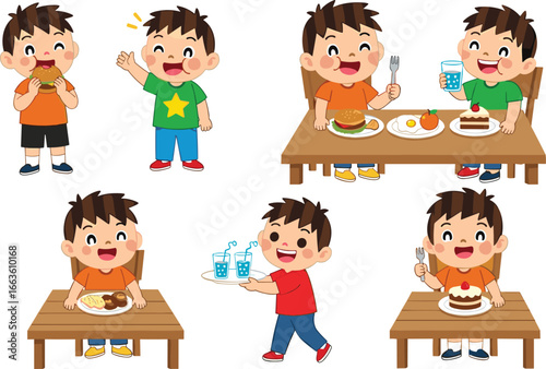 Cartoon boy eating various foods and drinking water at table, happy kid meals, healthy and unhealthy food choice vector set.