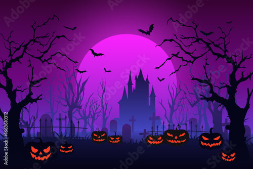 Purple Halloween background with graveyard, bats, pumpkins and scary castle on big moon background. Halloween background with graveyard and scary castle. Vector illustration for Halloween.