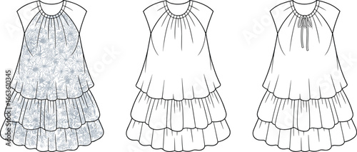 Cad drawing flat vector illustration of sleeveless floral dress with layered skirt, loose fit, casual summer style, fashion apparel sketch, clothing template