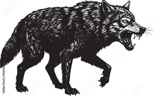 Menacing woodcut style illustration of a snarling black wolf on